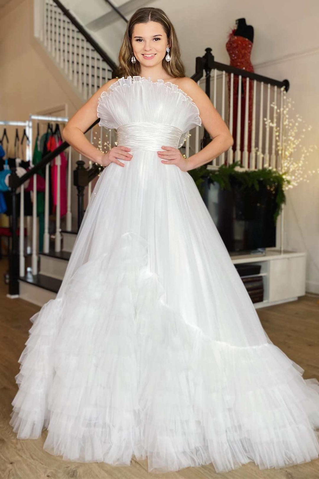 A-Line Strapless Cute Pink Ruched Long Tulle Prom Dress