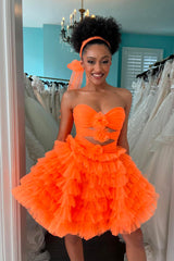 Orange Strapless Ruffle  Ruched Tulle Short Homecoming Dress