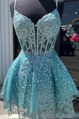 A-Line Spaghetti Straps Short Homecoming Dress with Appliques