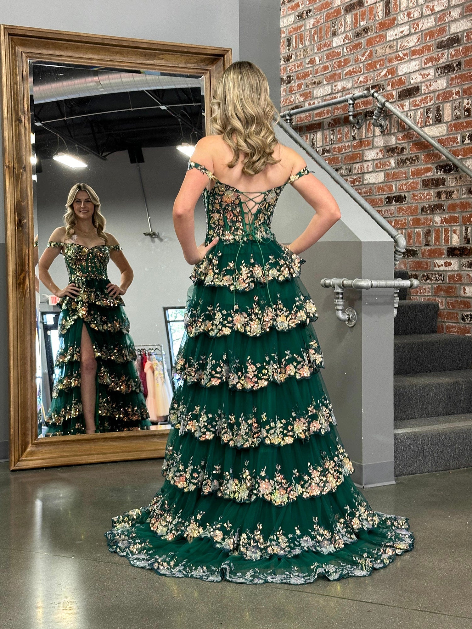A-Line Lace Off-the-Shoulder Ruched Long Prom Dress with Slit