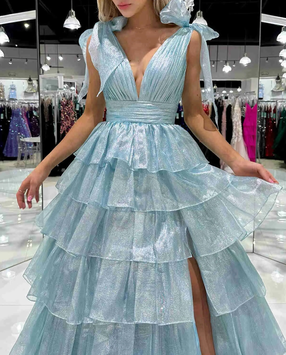 Glitter Tie Straps Cute Pink Plunging Neck Ruched Long Prom Dress
