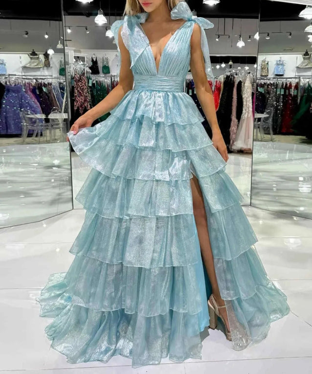 Glitter Tie Straps Cute Pink Plunging Neck Ruched Long Prom Dress
