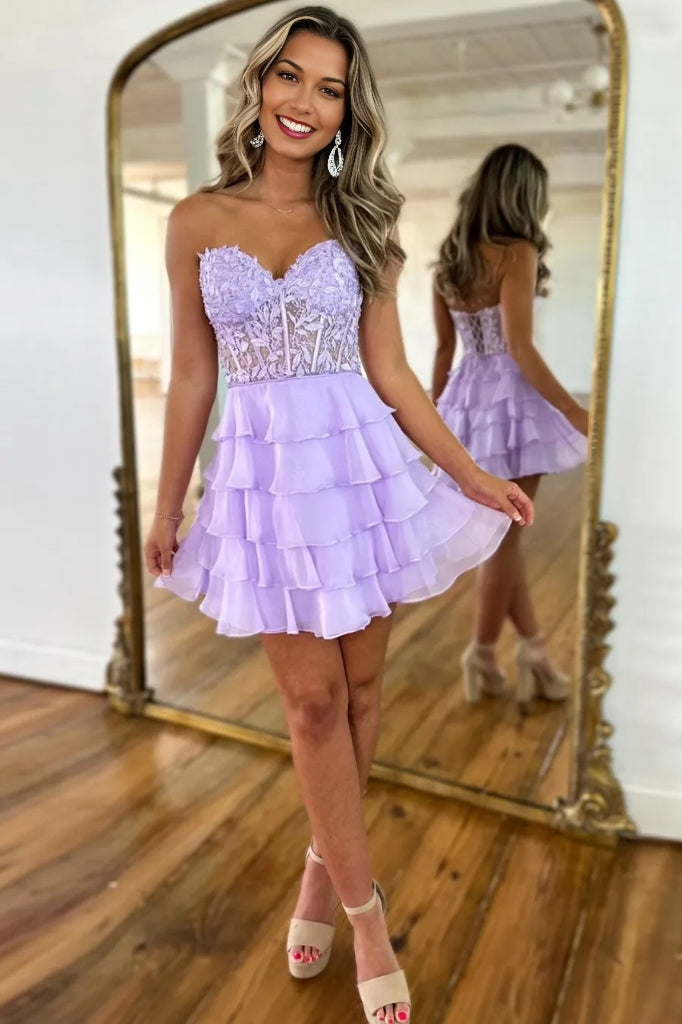 A-Line Strapless  Ruched Corset Short Homecoming Dress with Appliques