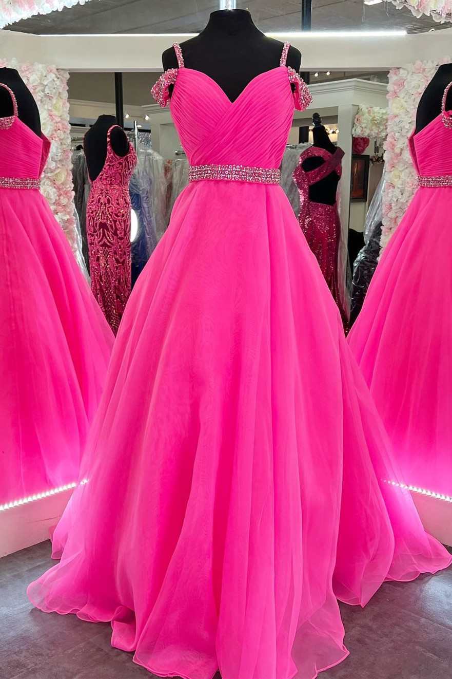 Hot Cute Pink Beaded Cold-Shoulder A-Line Prom Dress