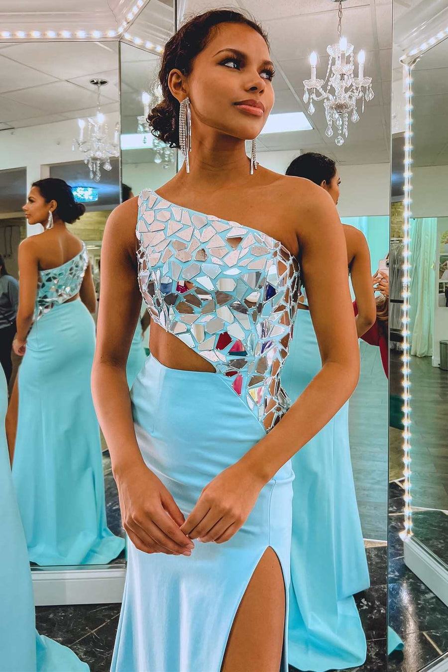 Bodycon One Shoulder Cut Mirror Sequins Prom Dress