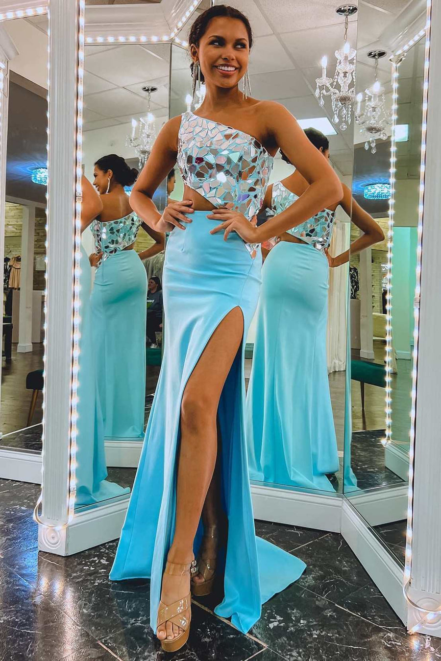 Bodycon One Shoulder Cut Mirror Sequins Prom Dress