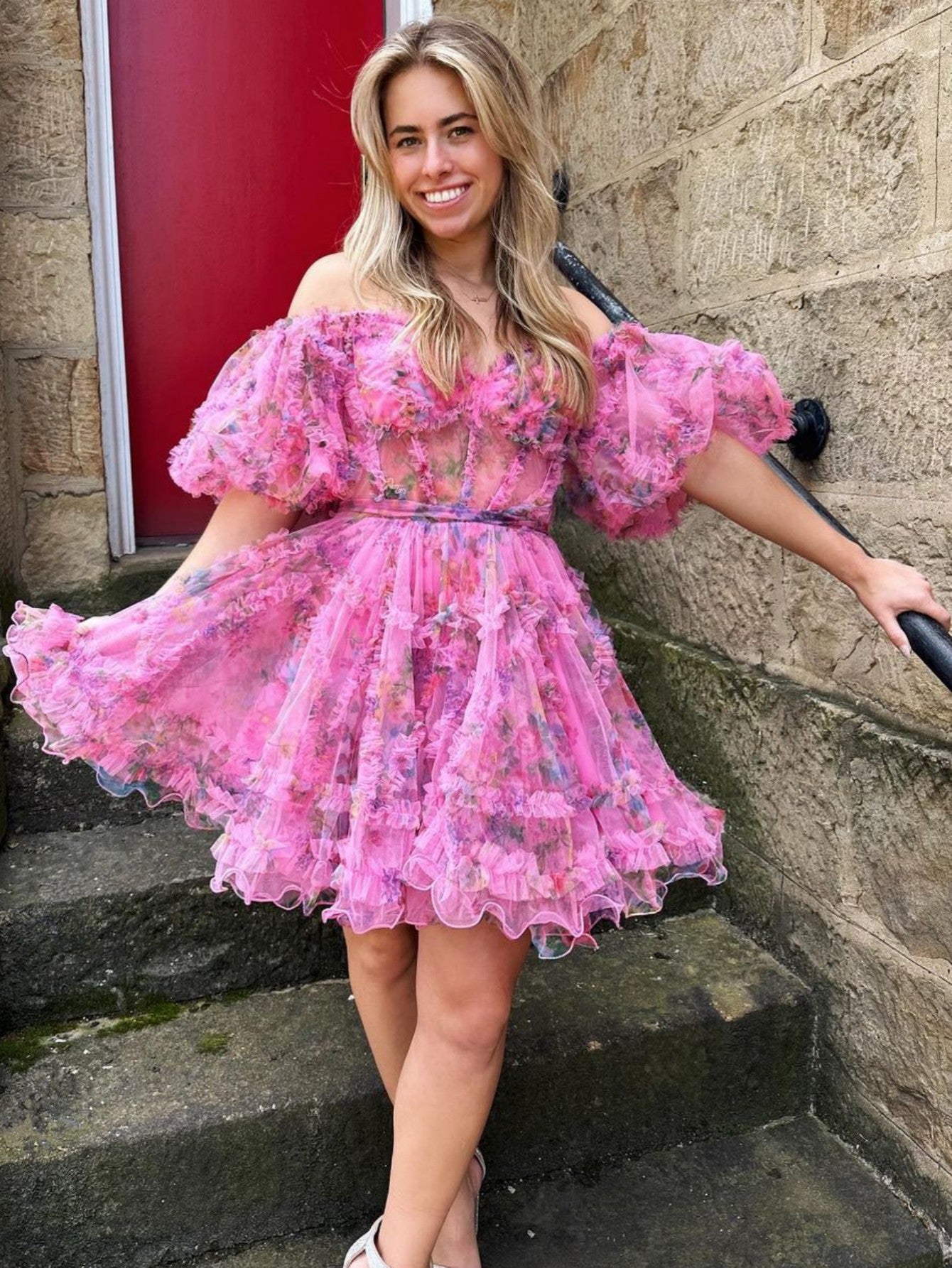 Cute Pink A Line Off the Shoulder Floral Printed Homecoming Dress