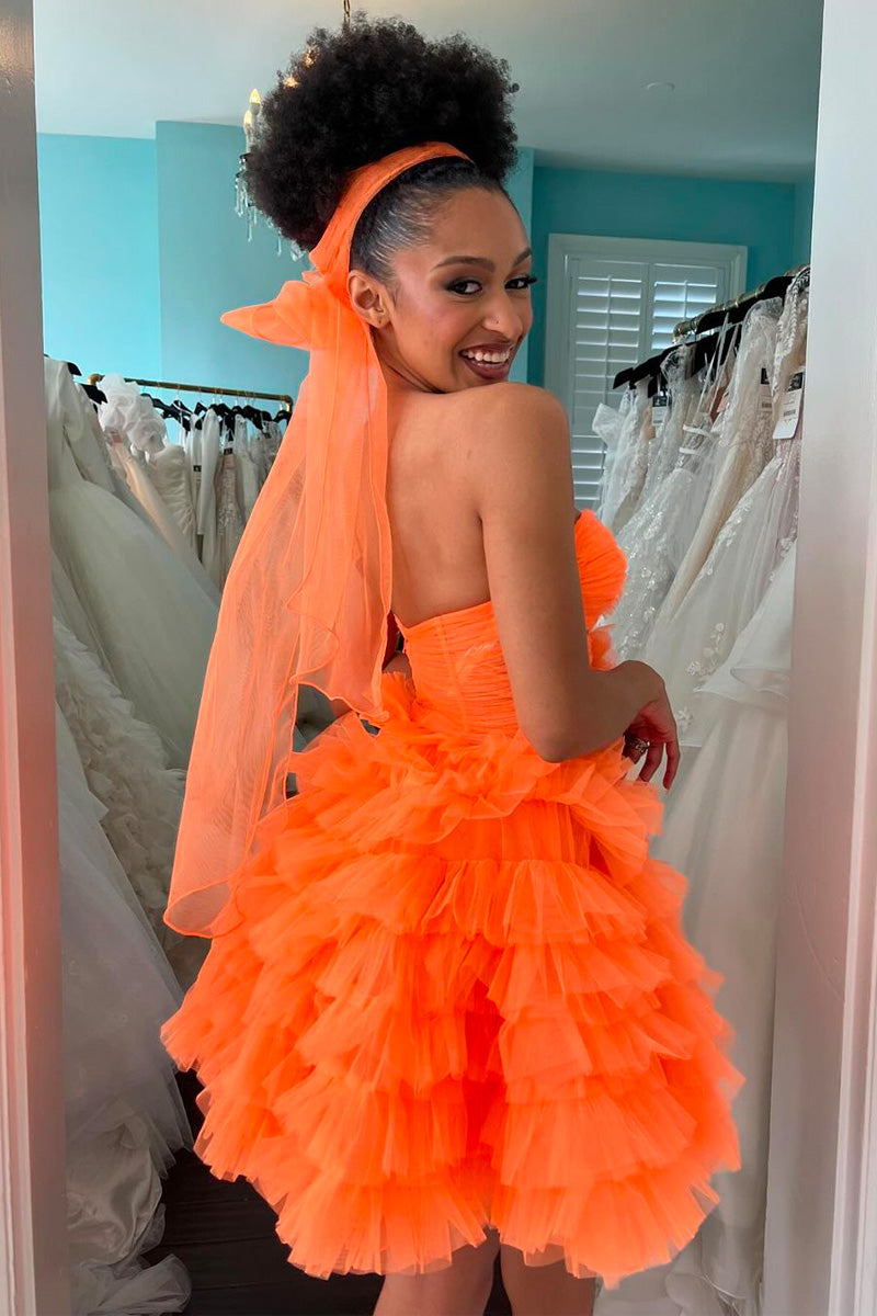 Orange Strapless Ruffle  Ruched Tulle Short Homecoming Dress