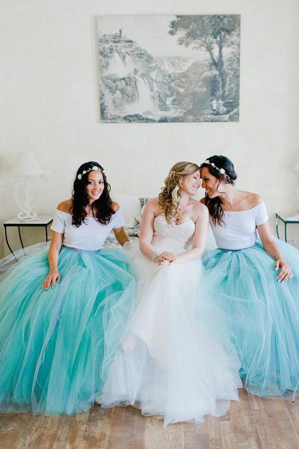 Mint Tulle Two Piece Spaghetti Straps Sweep Train Bridesmaid Dress