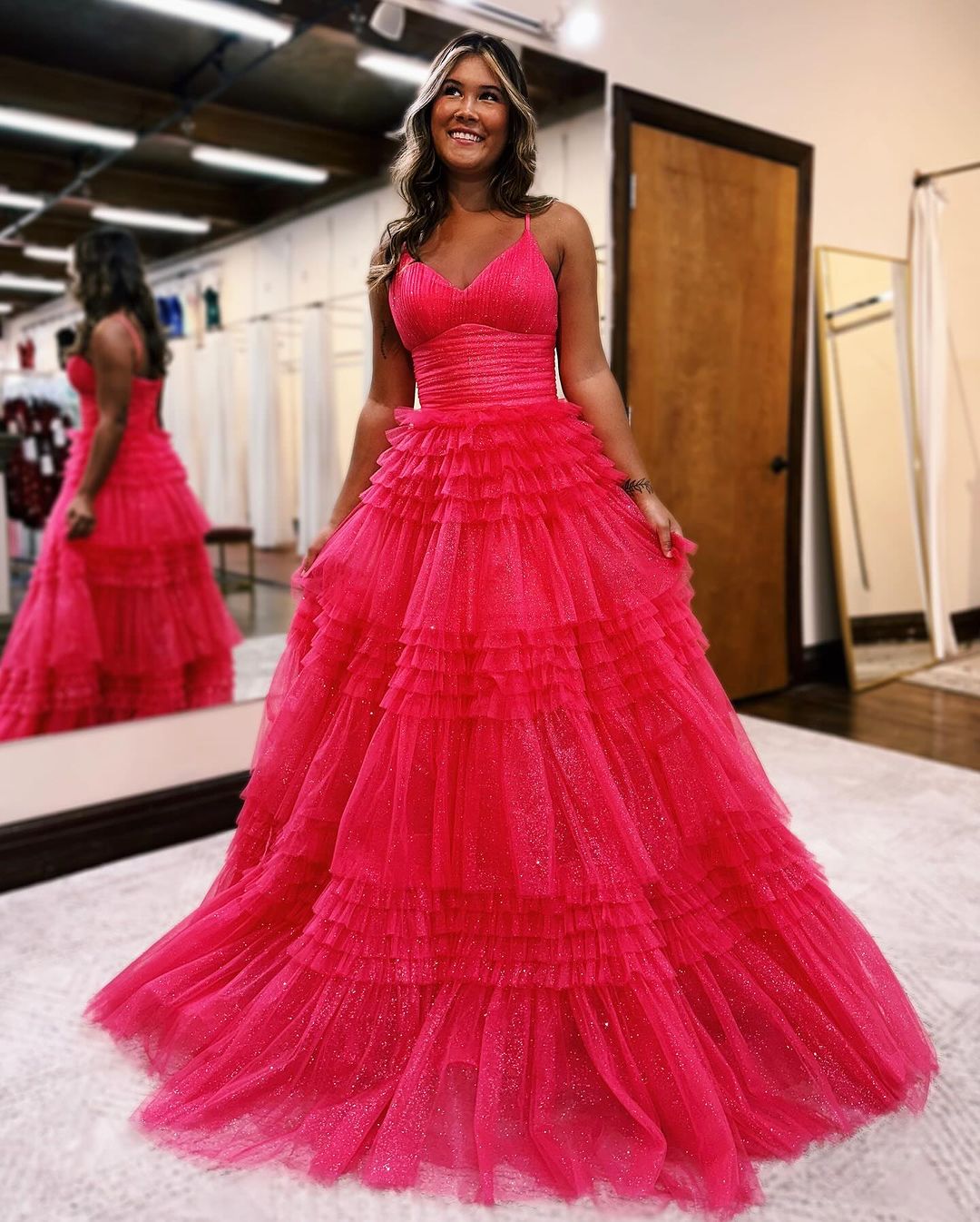 A-Line Deep V Neck Ruched Long Glitter Tulle Prom Dress