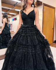 A-Line Deep V Neck Ruched Long Glitter Tulle Prom Dress