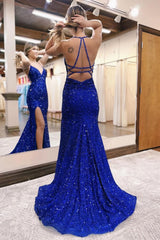 Mermaid Sheath Halter Sequins Long Prom Dress with Silt
