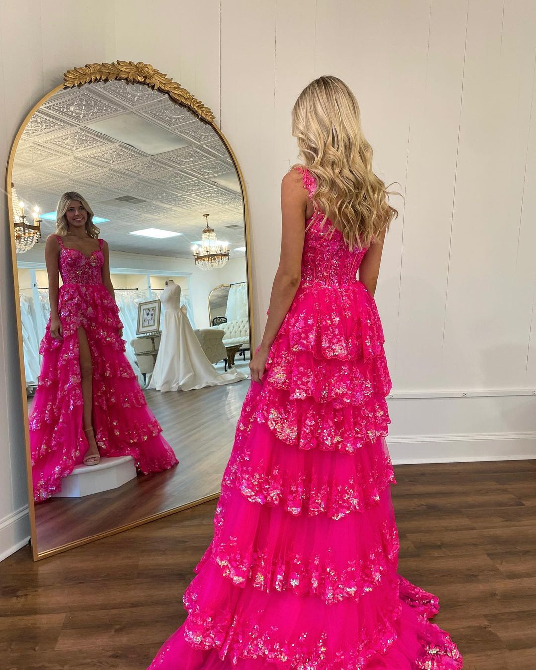 A-Line Lace Off-the-Shoulder Ruched Long Prom Dress with Slit
