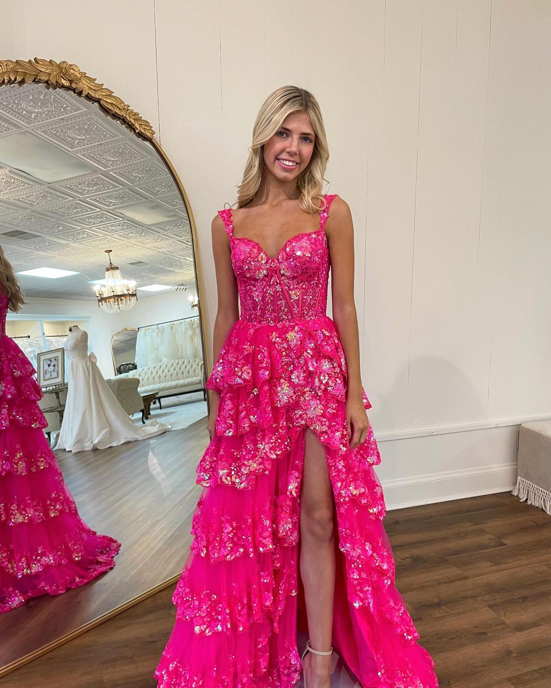 A-Line Lace Off-the-Shoulder Ruched Long Prom Dress with Slit