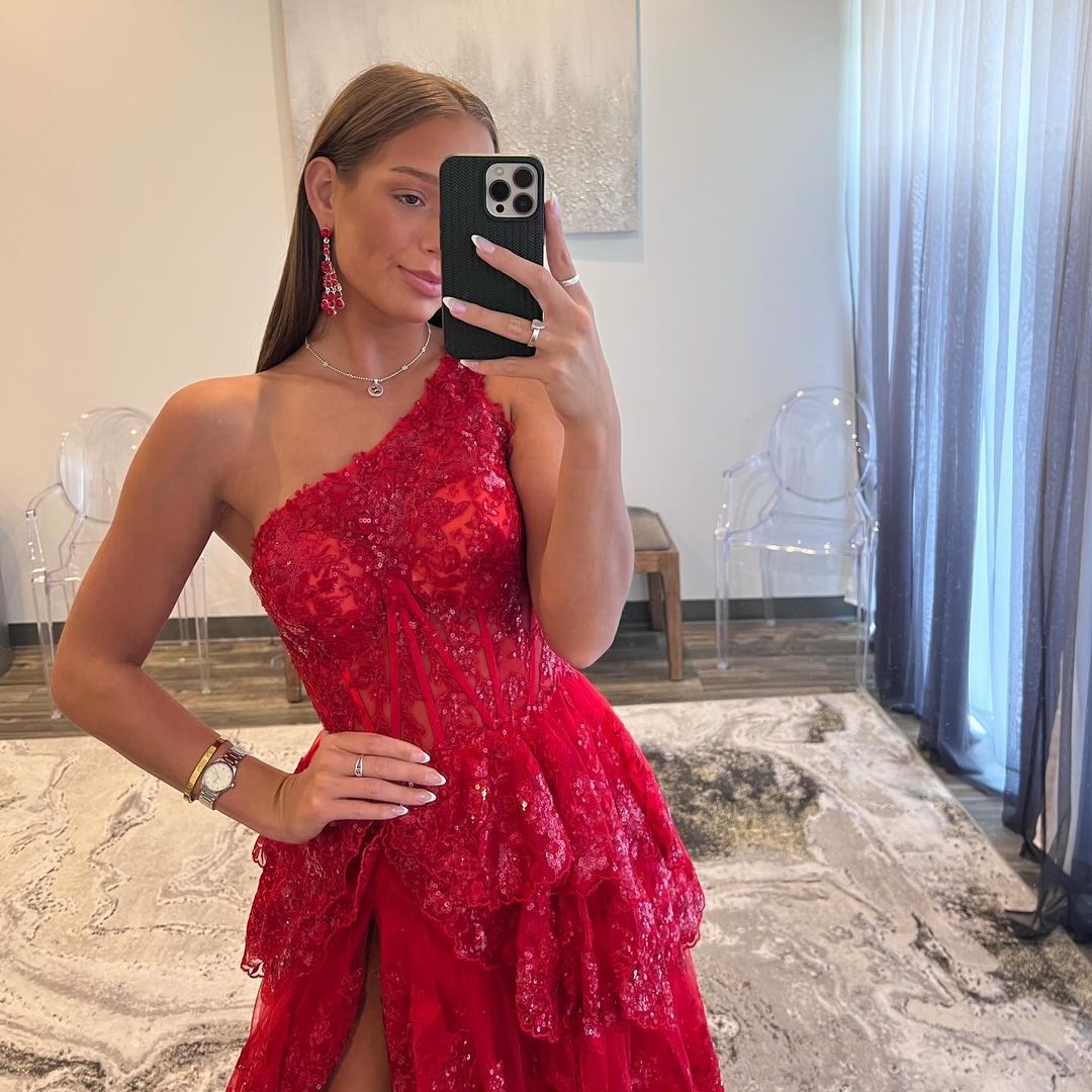 Bodycon One Shoulder Ruched Lace Long Prom Dress