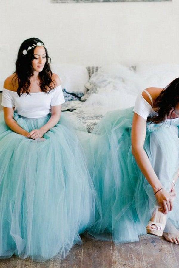 Mint Tulle Two Piece Spaghetti Straps Sweep Train Bridesmaid Dress