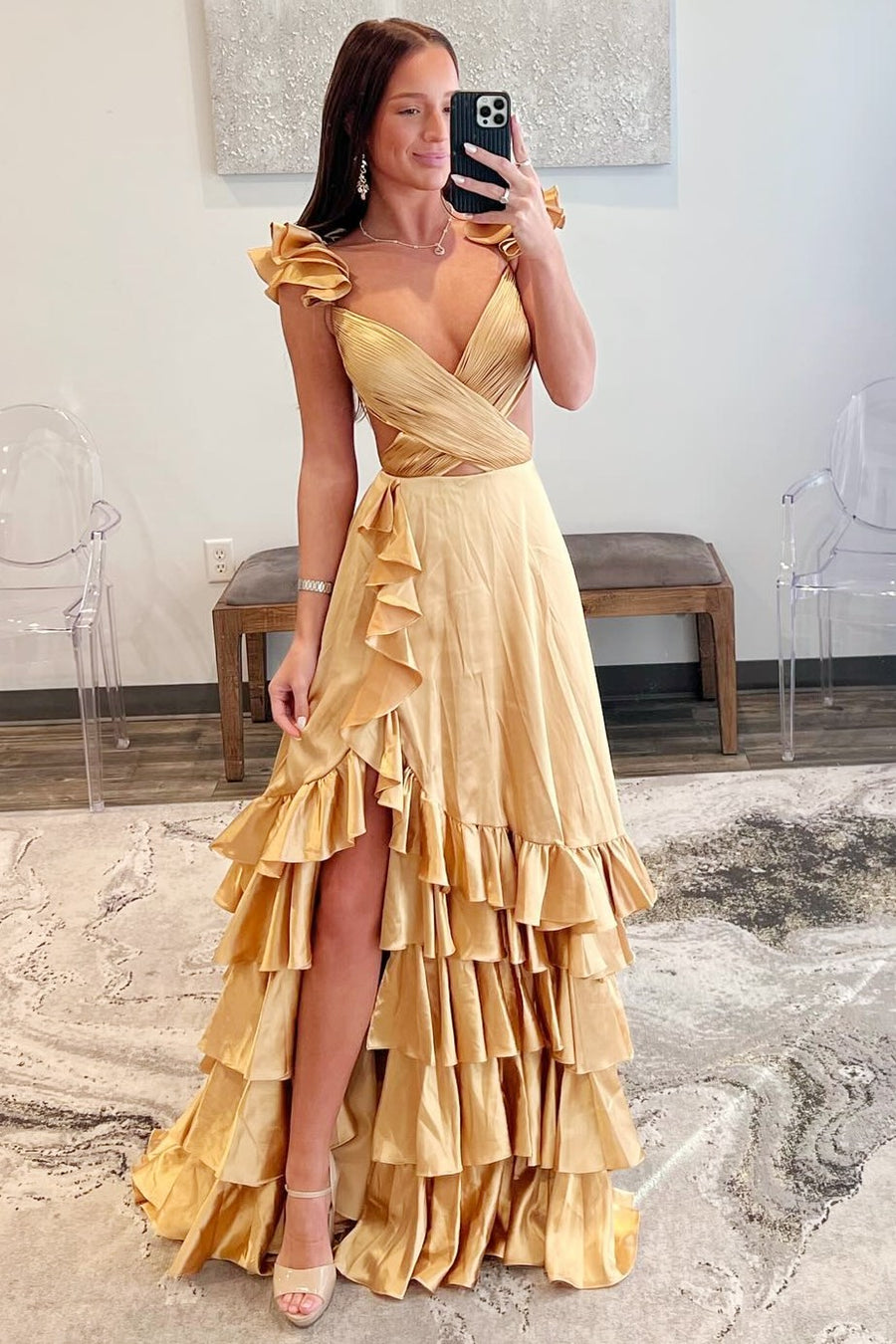 Red Cutout Ruffle A-Line Long Prom Dress with Slit