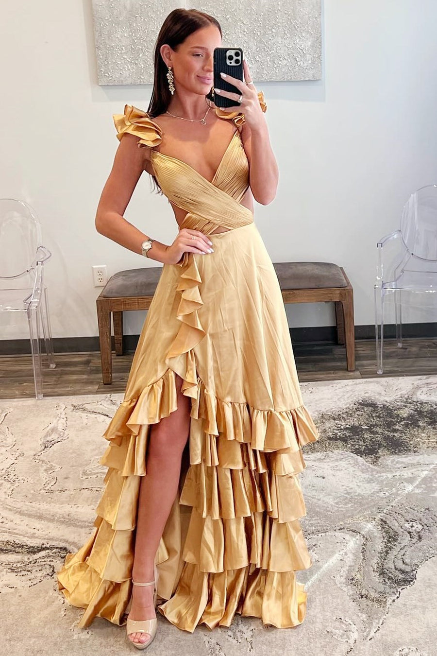 Red Cutout Ruffle A-Line Long Prom Dress with Slit