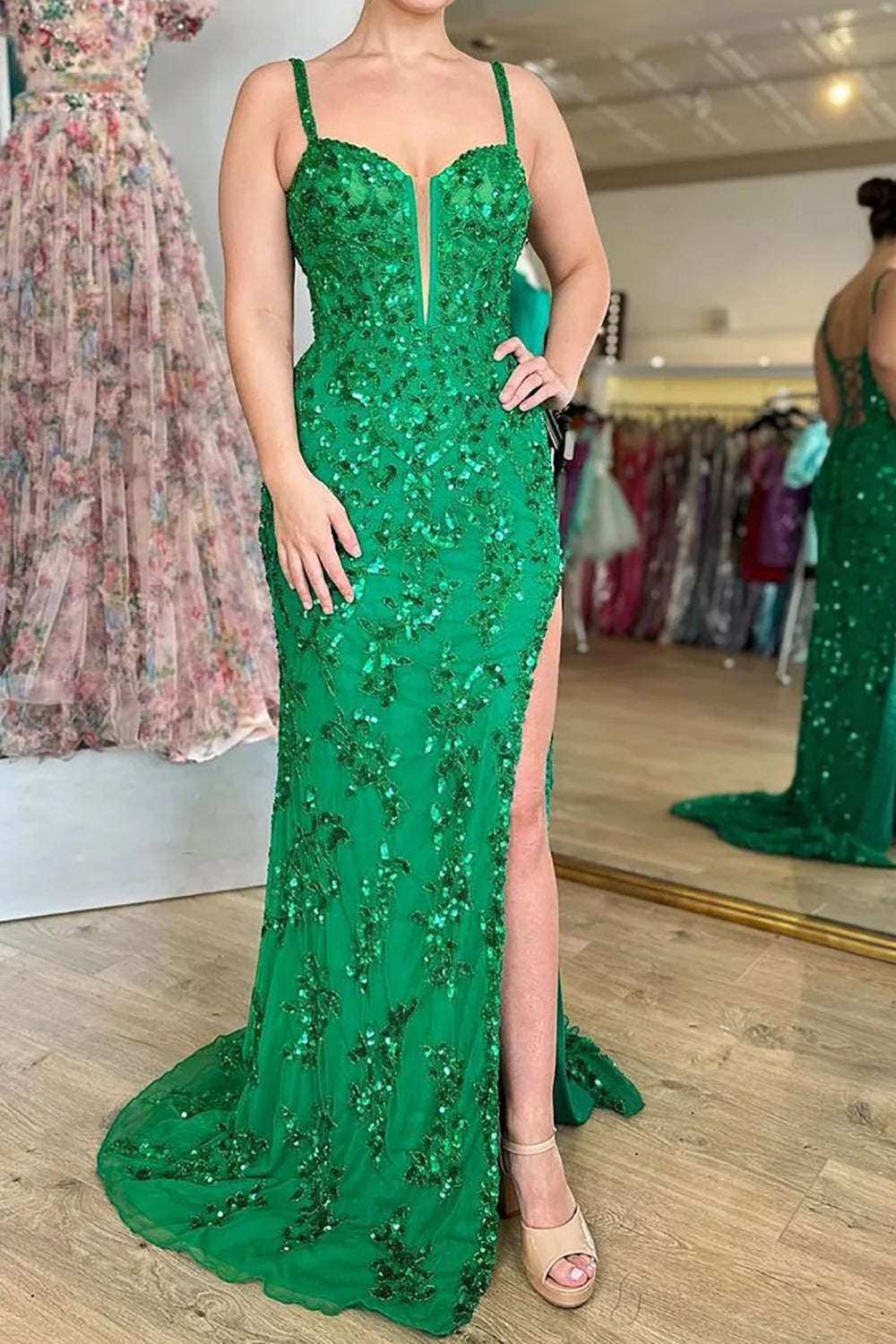 Shinny Blue Bodycon Sequins Long Prom Dress with Slit