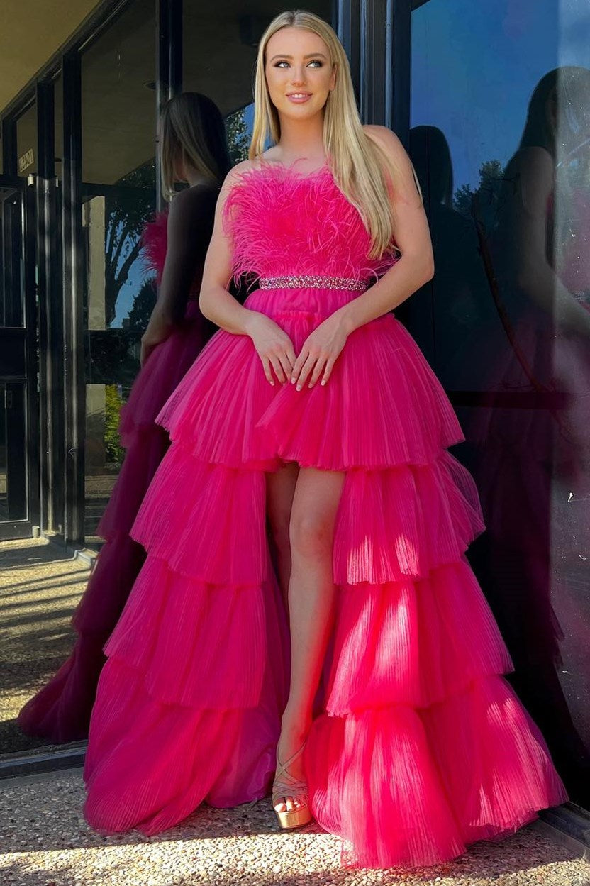 Fuchsia A-line High-Low Strapless Ruffled Tulle Prom Dress with Feathers
