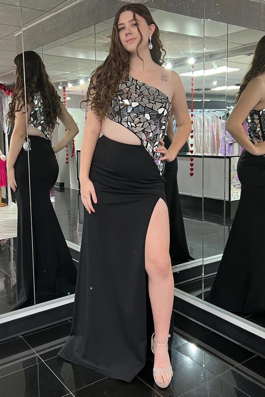 Bodycon One Shoulder Cut Mirror Sequins Prom Dress