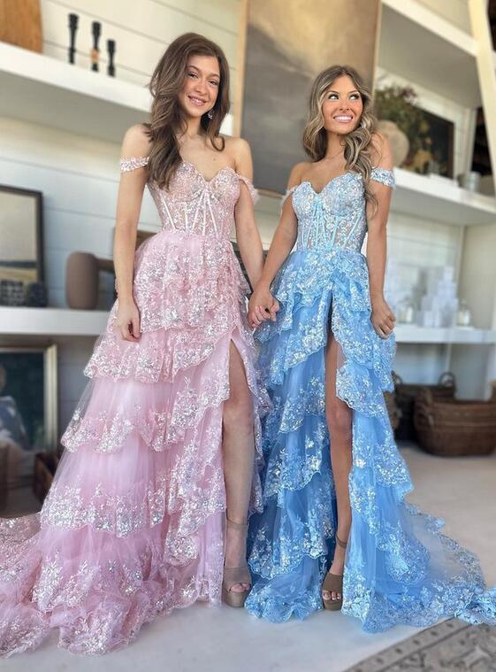 A-Line Lace Off-the-Shoulder Ruched Long Prom Dress with Slit