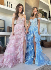 A-Line Lace Off-the-Shoulder Ruched Long Prom Dress with Slit