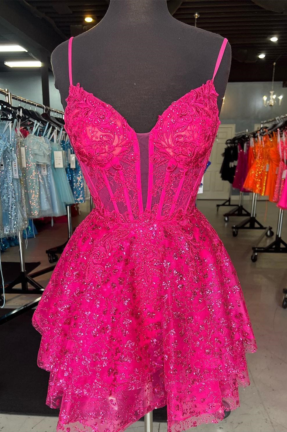 A-Line Spaghetti Straps Short Homecoming Dress with Appliques