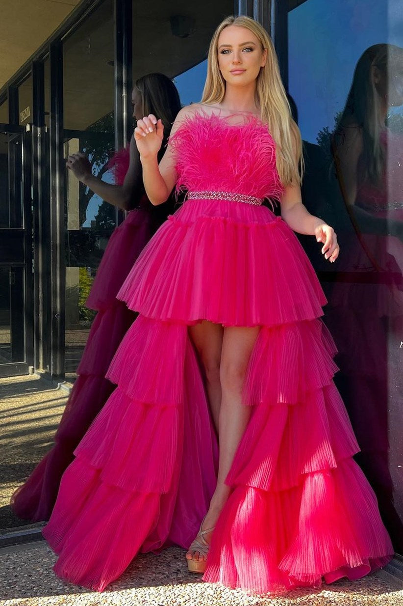 Fuchsia A-line High-Low Strapless Ruffled Tulle Prom Dress with Feathers