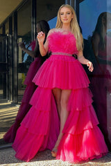 A-line High-Low Strapless Ruffled Tulle Prom Dress with Feathers