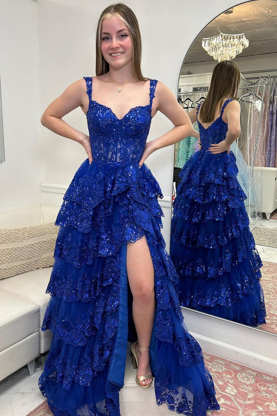 A-Line Lace Off-the-Shoulder Ruched Long Prom Dress with Slit