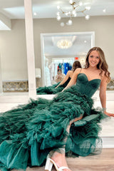 Dark Green Sweetheart Ruffle Ruched Tulle Long Prom Dresses with Slit