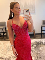Mermaid Sheath V Neck Red Glitter Satin Prom Dress