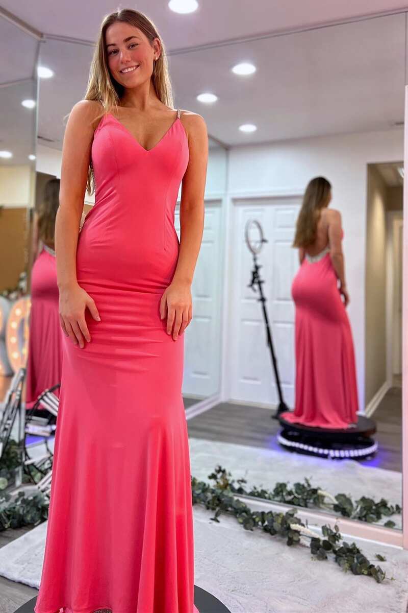Navy Blue Beaded V-Neck Backless Mermaid Sheath Long Prom Dress