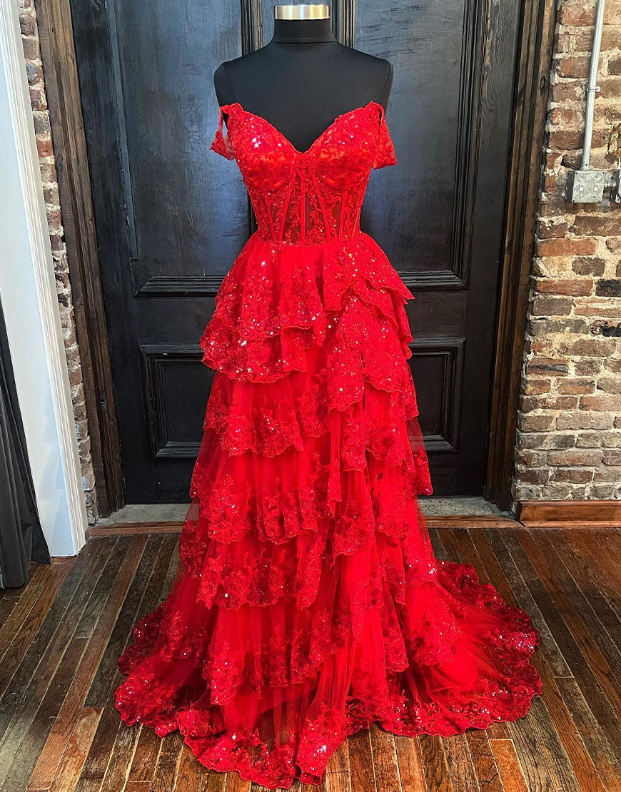 A-Line Lace Off-the-Shoulder Ruched Long Prom Dress with Slit