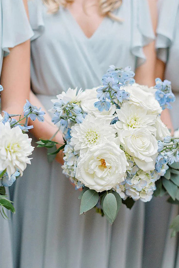 Light Blue A-Line Floor Length Bridesmaid Dress with Ruffles