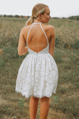 A-Line Ivory Lace Halter Neckline Backless Short Homecoming Dress