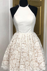A-Line Ivory Lace Halter Neckline Backless Short Homecoming Dress