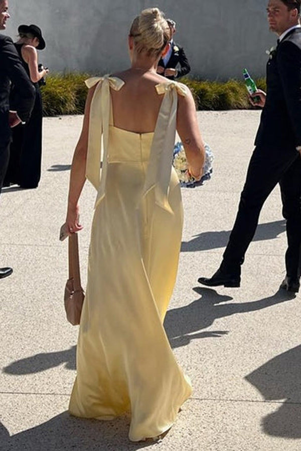 Light Yellow A-Line Bridesmaid Dress, Scoop Neck, with Slit