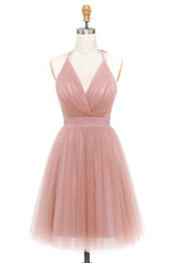 A-Line Pink Tulle Deep V-Neck Backless Pleated Mini Homecoming Dress