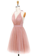 A-Line Pink Tulle Deep V-Neck Backless Pleated Mini Homecoming Dress