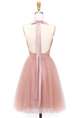 A-Line Pink Tulle Deep V-Neck Backless Pleated Mini Homecoming Dress