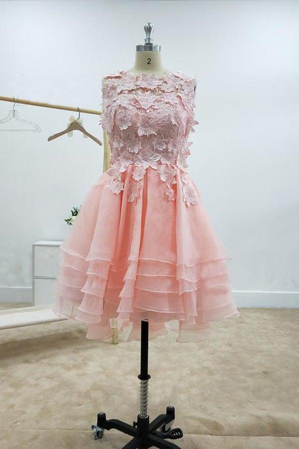 A-Line Lace Bateau Neckline Pink Homecoming Dress with Appliques