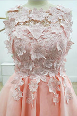 A-Line Lace Bateau Neckline Pink Homecoming Dress with Appliques
