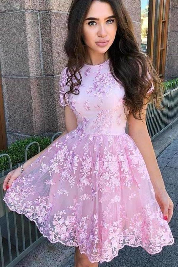 Lace Short Sleeve A-Line Prom Dress Short Homecoming Dress