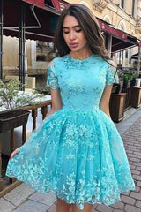 Lace Short Sleeve A-Line Prom Dress Short Homecoming Dress