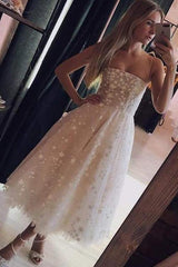 A-Line Spaghetti Strap Tea Length Pearl Pink Homecoming Dress with Beading