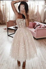 A-Line Spaghetti Strap Tea Length Pearl Pink Homecoming Dress with Beading