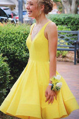 A-Line V-Neck Short Yellow Satin Prom Dress Homecoming Dress