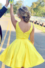 A-Line V-Neck Short Yellow Satin Prom Dress Homecoming Dress